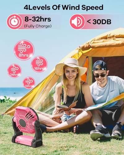 10400mAh Rechargeable Camping Fan with LED Lantern,Portable Battery Powered Outdoor Fan for Bedroom,Camping,Travel,Hiking,Beach,Office,Travel Accessories(Pink) - Image 4