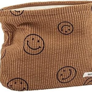 GUTGNK Makeup bag for Women, Corduroy Cosmetic Bag Aesthetic Design Ladies Tote Bag,Cute Smiley Face Makeup Organizer with Zipper - Brown