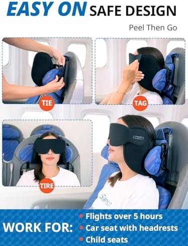 Upgraded Travel Pillow, U-Shaped Airplane Head Strap for All Heights, 360° Support, 3D Sleep Mask, 100% Light Blocking, Long Flights Essentials Headrest, Stop Bobblehead, Black - Image 7