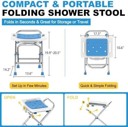 Folding Shower Chair Seat, Height Adjustable Foldable Shower Stool for Inside Tub, 420lbs Portable Small Shower Chair for Travel, Heavy Duty Bath Chair Bench for Adults Elderly & Disabled - Image 4