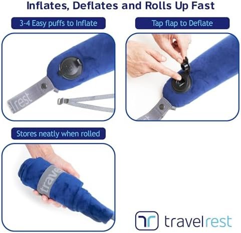 TRAVELREST All-in-One Neck & Body Pillow, Advanced Support Design, Travel Essential, Memory Foam Inserts, Inflatable, Airplane & Car Seat, Sleeping on Long Flight & Trips, Blue (Washable Velour Cover) - Image 6