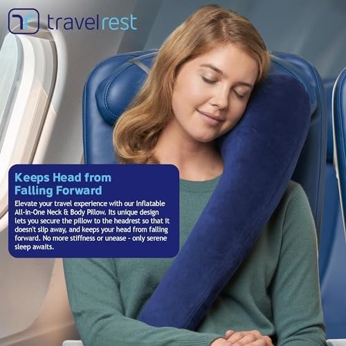 TRAVELREST All-in-One Neck & Body Pillow, Advanced Support Design, Travel Essential, Memory Foam Inserts, Inflatable, Airplane & Car Seat, Sleeping on Long Flight & Trips, Blue (Washable Velour Cover) - Image 2