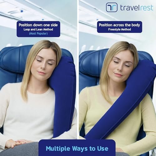TRAVELREST All-in-One Neck & Body Pillow, Advanced Support Design, Travel Essential, Memory Foam Inserts, Inflatable, Airplane & Car Seat, Sleeping on Long Flight & Trips, Blue (Washable Velour Cover) - Image 5