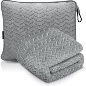 Camping Blanket Packable Soft Travel Blanket Pillow, Airplane Fleece, Luxurious Compact Design for Plane, Car, Camping, Flight Essentials & Travel Accessories in Elegant Grey Big Size 40x63