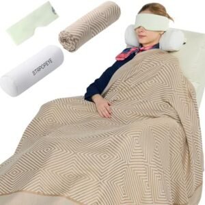 Ultra-Soft Travel Blanket for First Class,Airplane Blanket with Compact Bag,Portable and Small Car&Train&Office Blanket with Sleep Mask,Travel Essentials for Flying (Khaki)