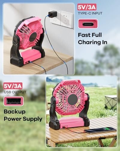 10400mAh Rechargeable Camping Fan with LED Lantern,Portable Battery Powered Outdoor Fan for Bedroom,Camping,Travel,Hiking,Beach,Office,Travel Accessories(Pink) - Image 3