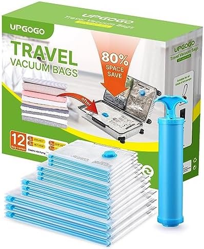 Vacuum Bags for Travel with Hand Pump,Vacuum Travel Bags for Luggage,Vacuum Seal Bags for Clothing,Space Saver Vacuum Storage Bags,Travel Essentials,Clothes,Blankets,Pillows (Combo 12 Pack)