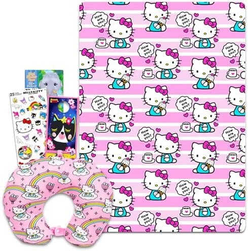 Hello Kitty Neck Pillow and Blanket Set - Bundle with Hello Kitty Fleece Blanket, Travel Neck Pillow, Stickers, Create a Face Activity Book, and More