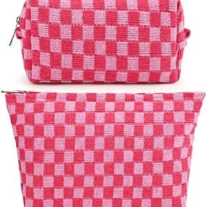 SOIDRAM 2 Pieces Makeup Bag Large Checkered Cosmetic Bag Capacity Canvas Mix Travel Toiletry Bag Organizer Cute Makeup Brushes Aesthetic Accessories Storage Bag for Women, Checkered Mix Rose Red