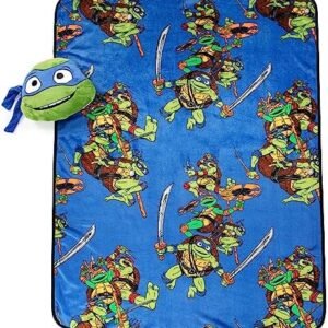 Jay Franco Nickelodeon Teenage Mutant Ninja Turtles Mutant Mayhem Leonardo Nogginz Set - 40 x 50 Inch Blanket & Plush Pillow Set, Kids Super Soft 2 Piece Set